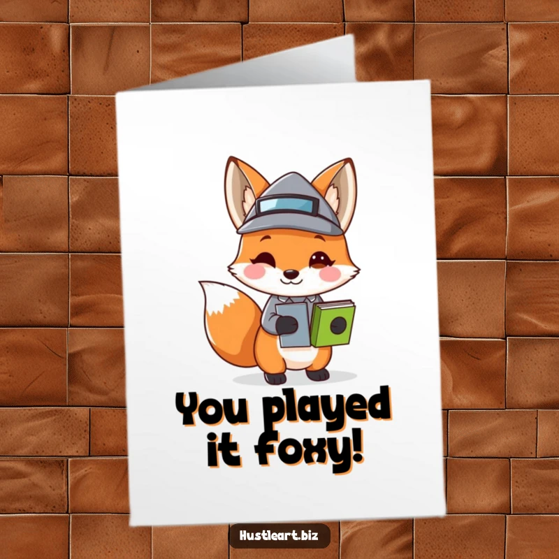 Funny Free Printable Congratulations Card: A fox in a tiny business hat carefully carries stacked papers, celebrating a professional win with style.