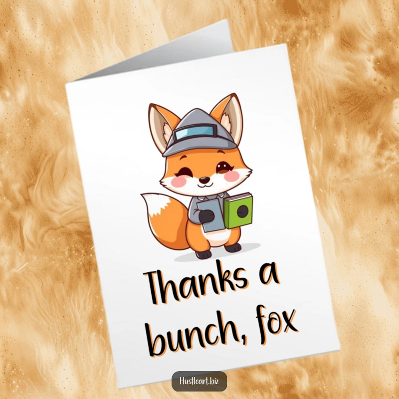 Funny Free Printable Thank You Card: A playful fox in a business hat carries important papers, offering a clever and sincere thank you.