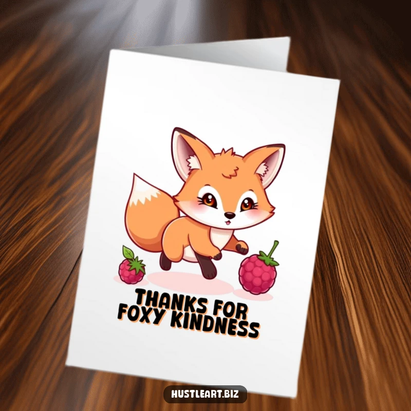 Funny Free Printable Thank You Card: Playful fox chasing a rolling berry, conveying thanks with a determined look.