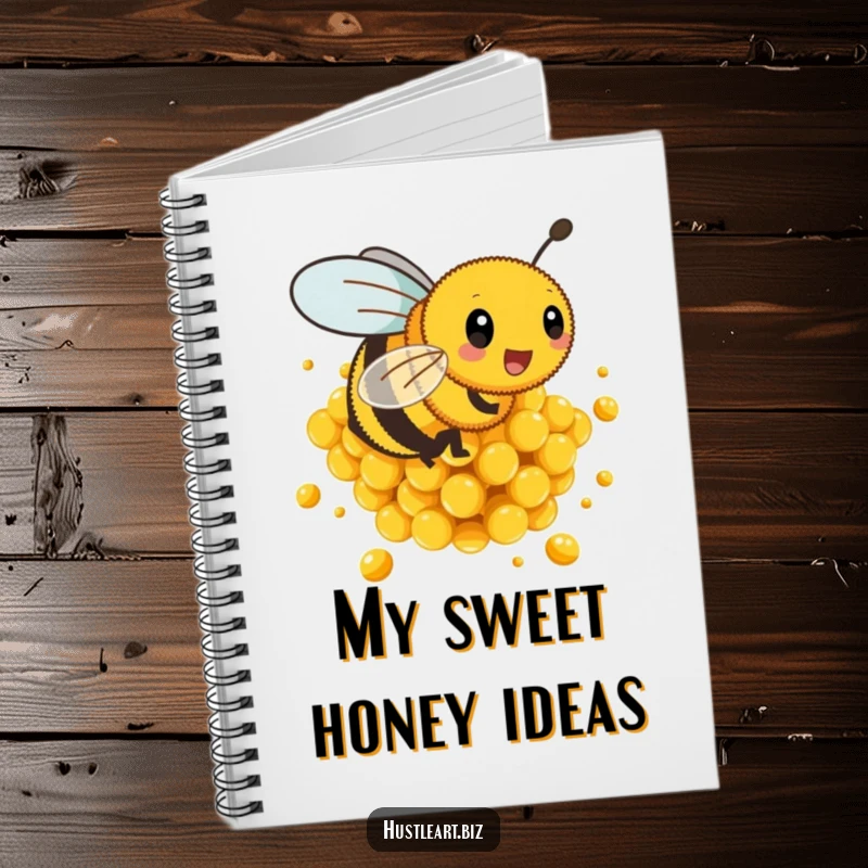 Funny notebook featuring a busy bee buzzing energetically around golden honeycombs, perfect for note-taking.