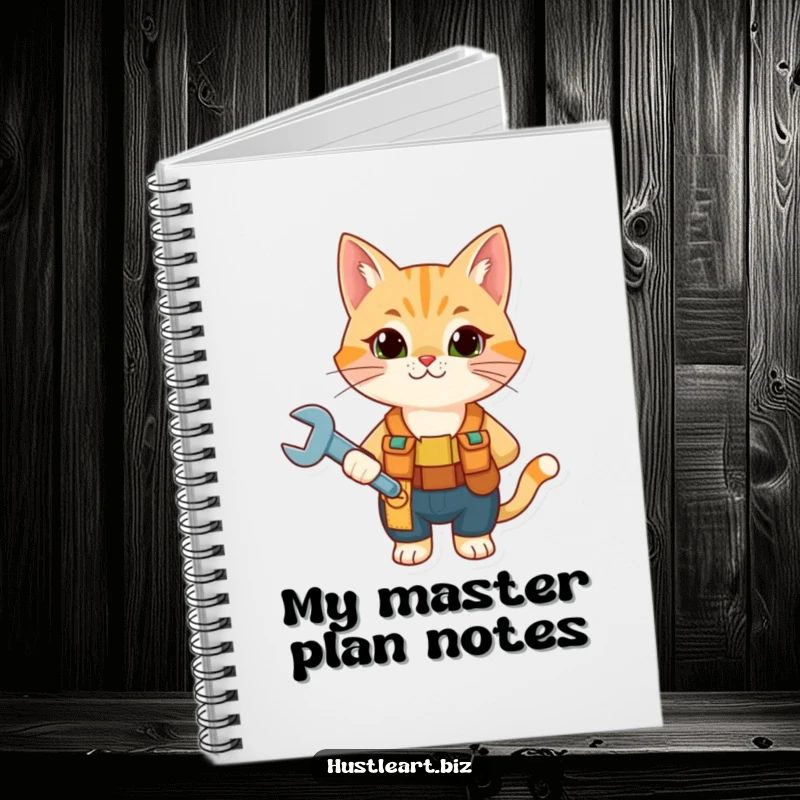 Funny Cat Mechanic Notebook with a curious cat wearing a tool belt and holding a wrench, for jotting down humorous ideas.