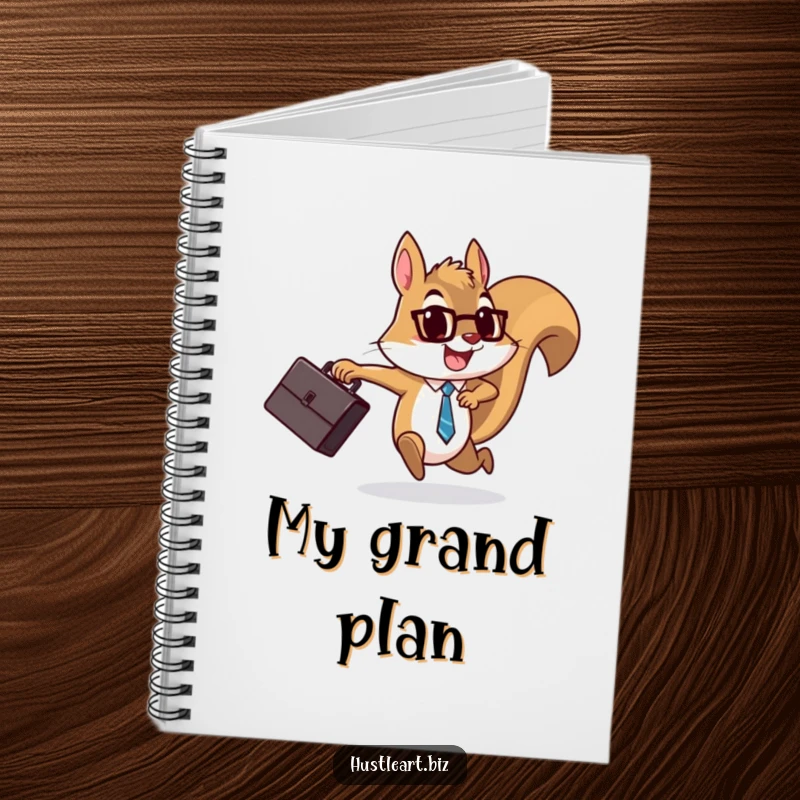 Funny Squirrel Briefcase Notebook featuring a determined squirrel running with a briefcase, perfect for note-taking with a humorous business theme.
