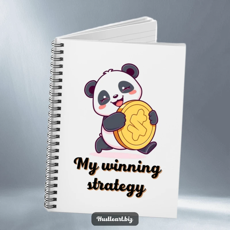 Funny Panda Coin Notebook featuring a happy panda pushing a giant coin with a determined smile, perfect for note-taking with a lucky theme.
