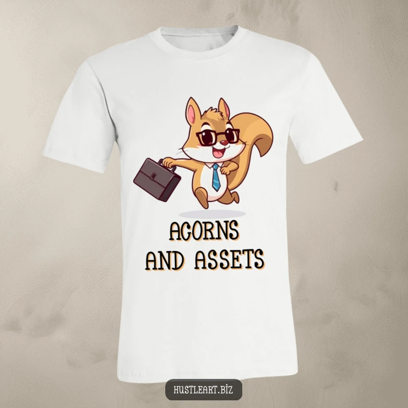 Funny Squirrel Briefcase T-Shirt depicting a determined squirrel running with a briefcase and a cheerful smile, symbolizing hard work and humor.