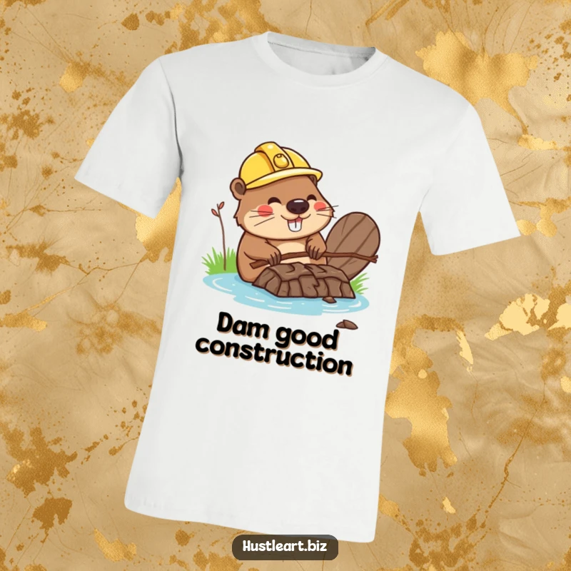 Funny t-shirt featuring a happy beaver with a hard hat, building a dam from twigs, showing industrious charm.