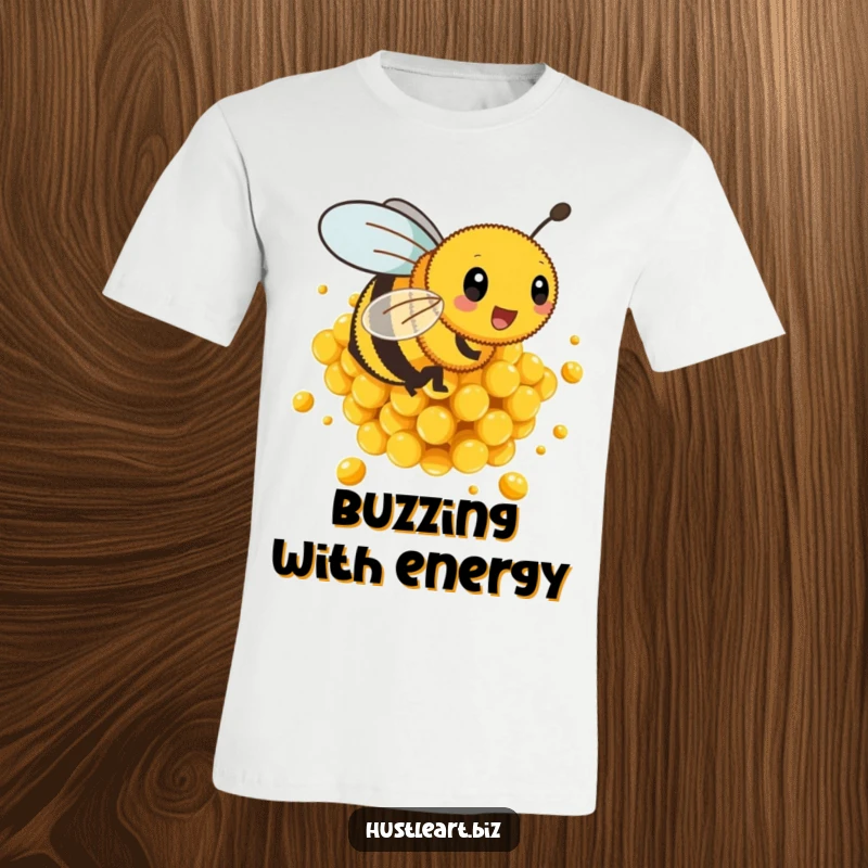 Funny t-shirt featuring a busy bee buzzing energetically around golden honeycombs, capturing its hardworking nature.