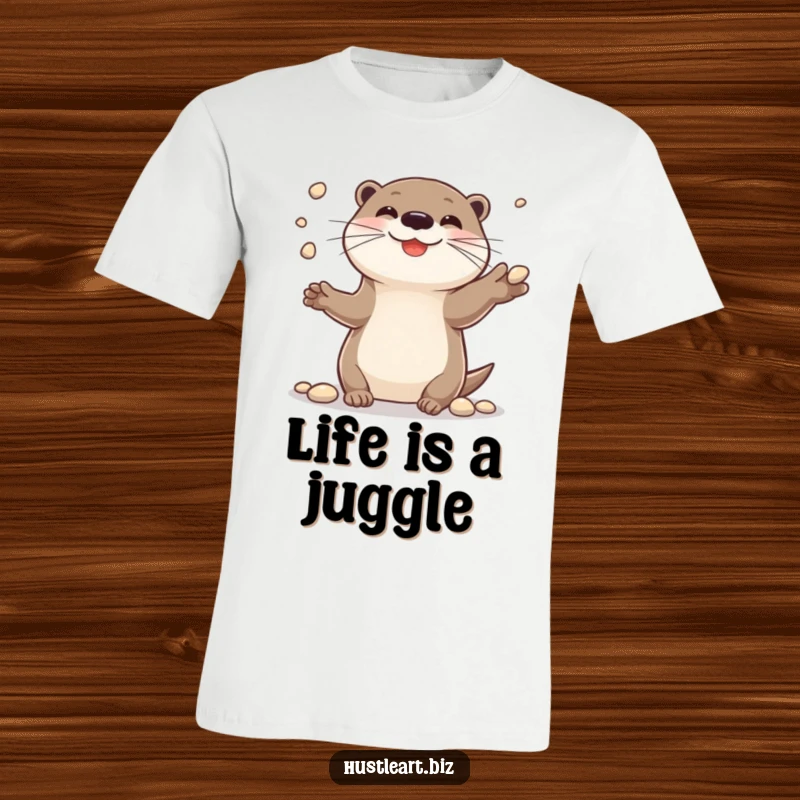 Funny t-shirt featuring a cheerful otter smiling while juggling small shiny pebbles, showcasing its playful personality.