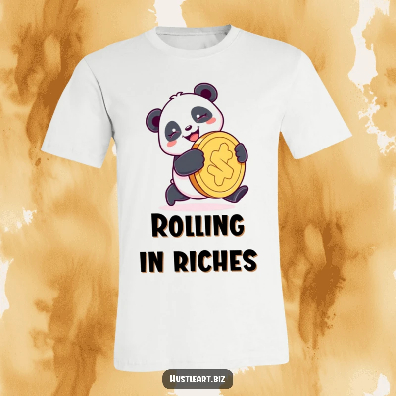 Funny Panda Coin T-Shirt depicting a happy panda pushing a giant coin with a determined smile, symbolizing luck and ambition with humor.