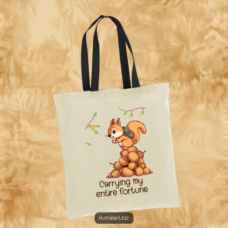 Funny tote bag depicting a determined squirrel with a backpack climbing a large stack of acorns, great for shopping.