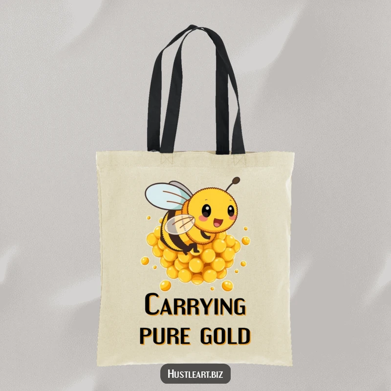 Funny tote bag featuring a busy bee energetically buzzing around golden honeycombs, perfect for shopping.