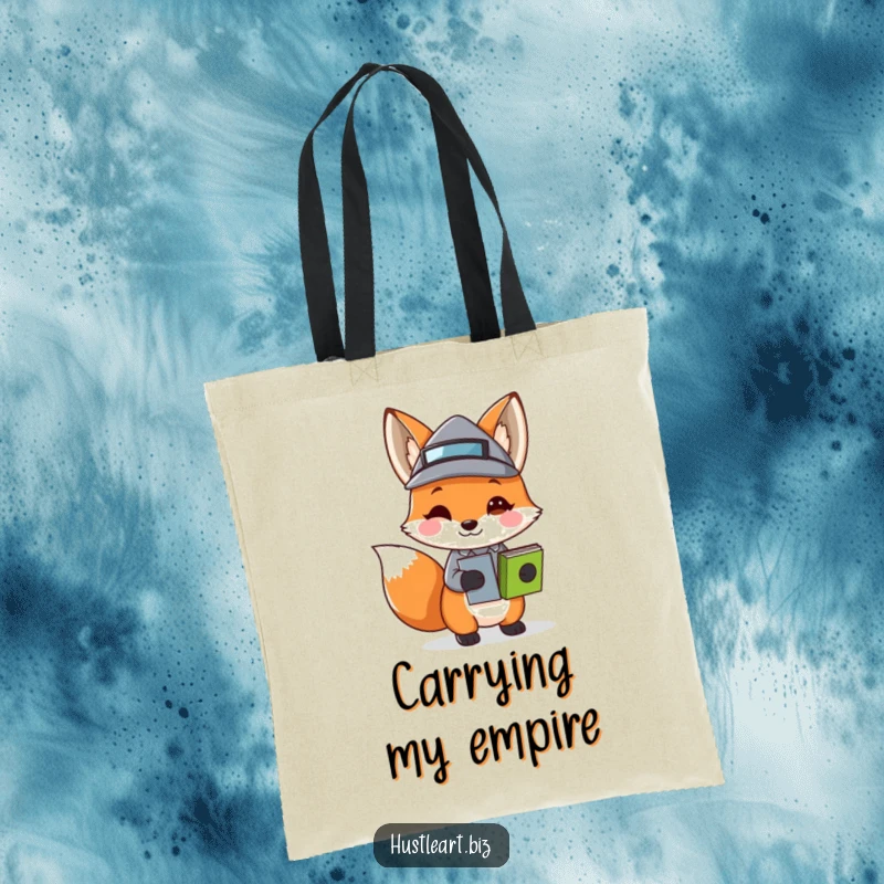 Funny Fox Business Hat Tote Bag illustrating a playful fox with stacked papers and a tiny business hat, ideal for carrying items with wit.