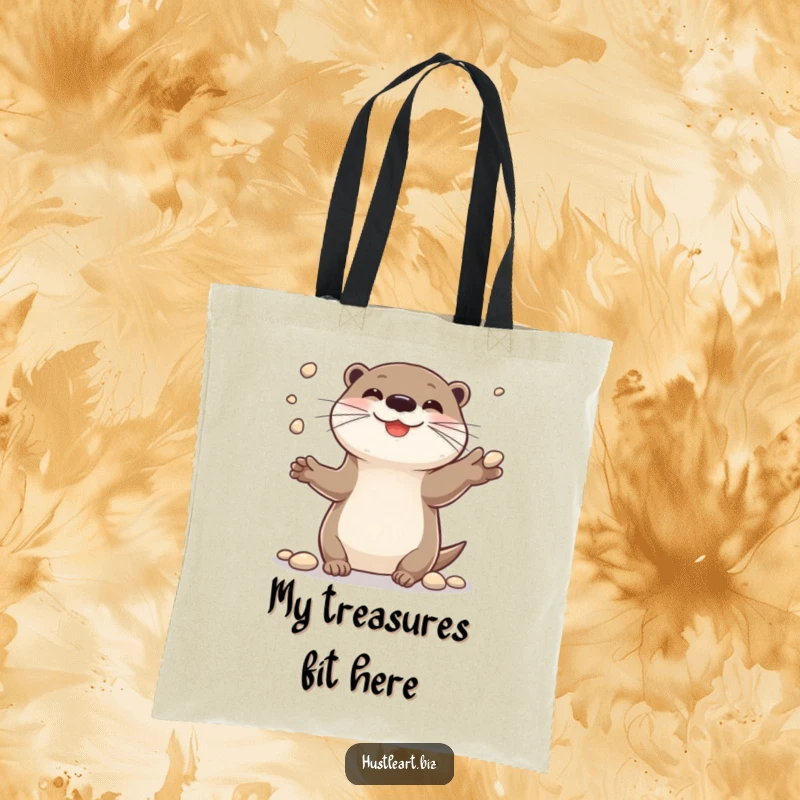 Funny tote bag featuring a cheerful otter smiling while juggling small shiny pebbles, perfect for shopping.